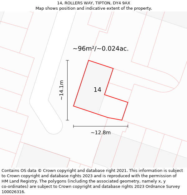 14, ROLLERS WAY, TIPTON, DY4 9AX: Plot and title map