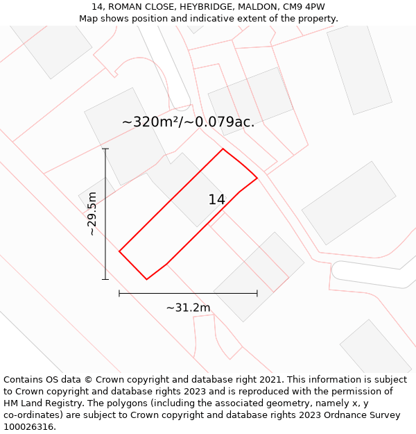 14, ROMAN CLOSE, HEYBRIDGE, MALDON, CM9 4PW: Plot and title map