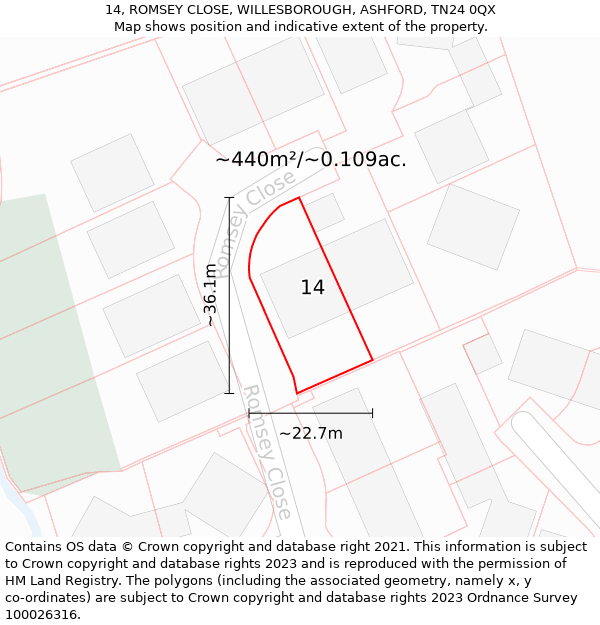 14, ROMSEY CLOSE, WILLESBOROUGH, ASHFORD, TN24 0QX: Plot and title map