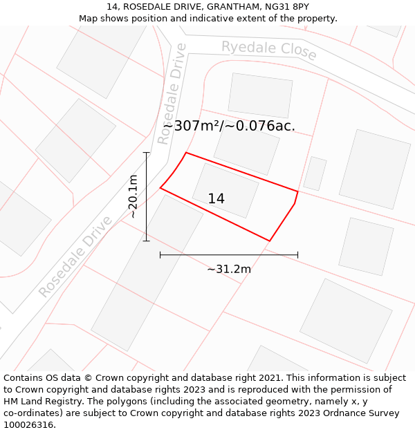 14, ROSEDALE DRIVE, GRANTHAM, NG31 8PY: Plot and title map