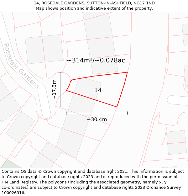 14, ROSEDALE GARDENS, SUTTON-IN-ASHFIELD, NG17 1ND: Plot and title map