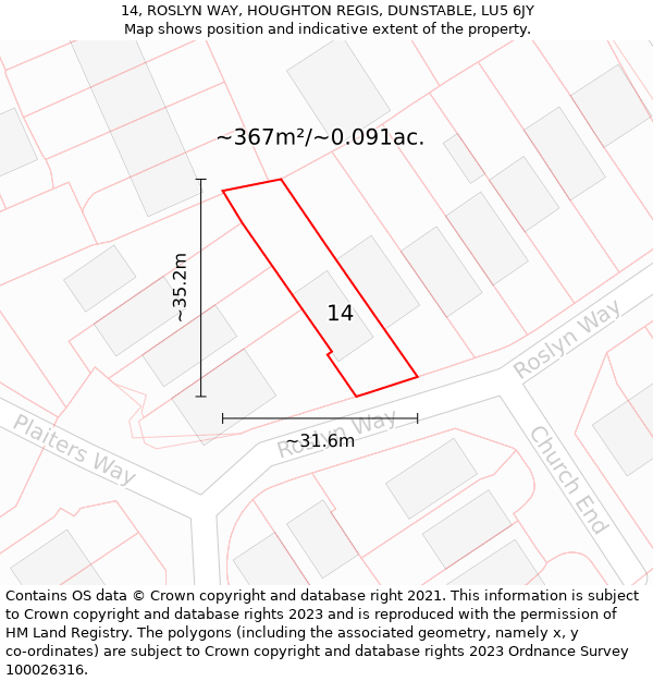 14, ROSLYN WAY, HOUGHTON REGIS, DUNSTABLE, LU5 6JY: Plot and title map