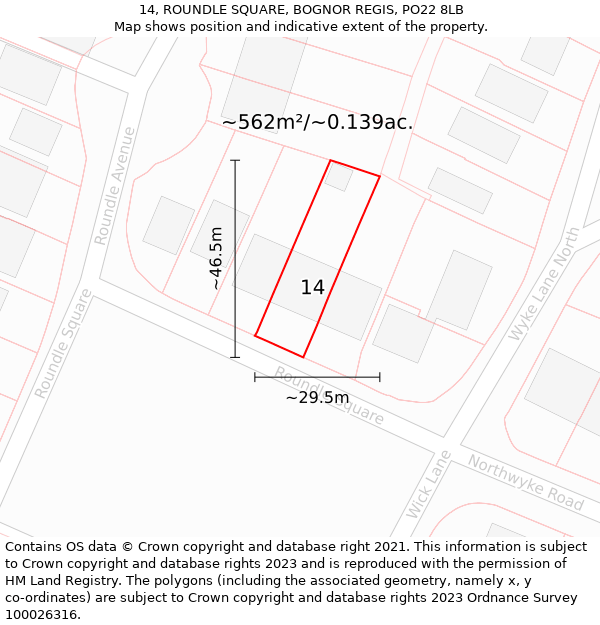 14, ROUNDLE SQUARE, BOGNOR REGIS, PO22 8LB: Plot and title map