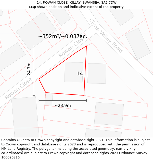 14, ROWAN CLOSE, KILLAY, SWANSEA, SA2 7DW: Plot and title map