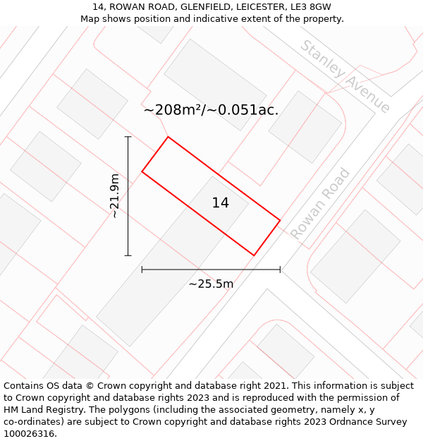 14, ROWAN ROAD, GLENFIELD, LEICESTER, LE3 8GW: Plot and title map