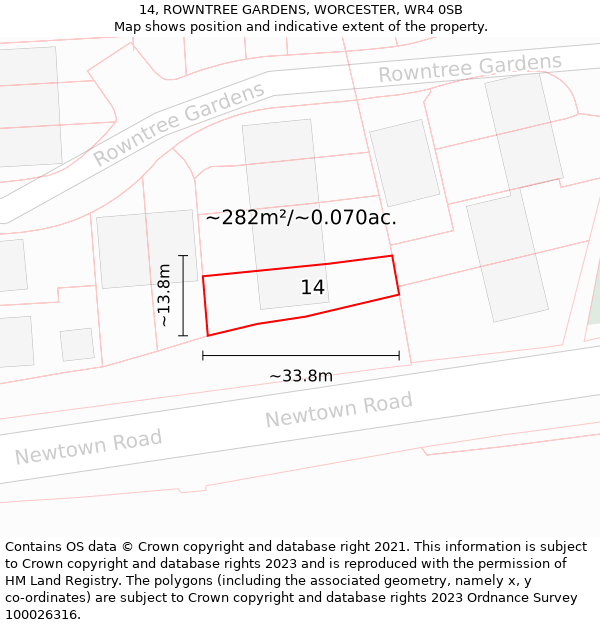 14, ROWNTREE GARDENS, WORCESTER, WR4 0SB: Plot and title map
