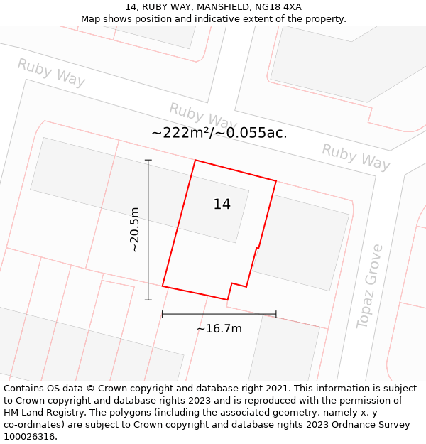 14, RUBY WAY, MANSFIELD, NG18 4XA: Plot and title map