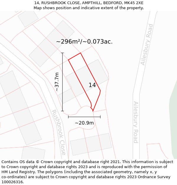 14, RUSHBROOK CLOSE, AMPTHILL, BEDFORD, MK45 2XE: Plot and title map