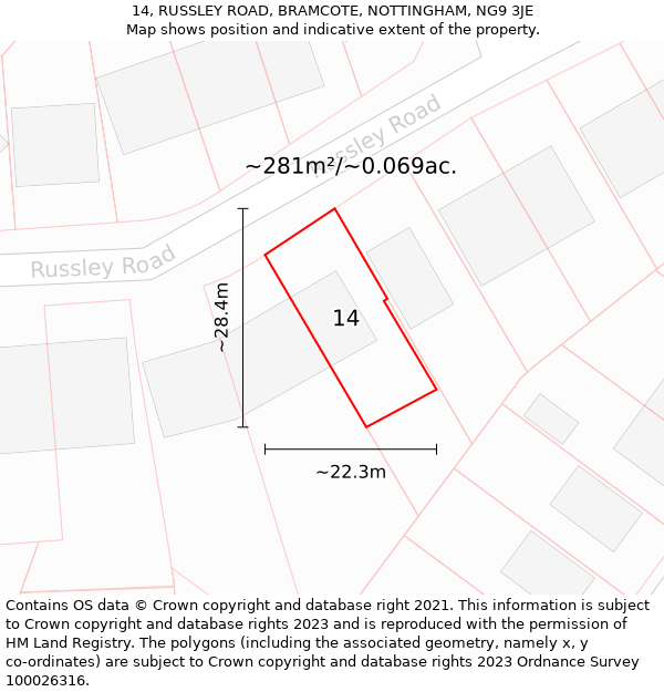 14, RUSSLEY ROAD, BRAMCOTE, NOTTINGHAM, NG9 3JE: Plot and title map