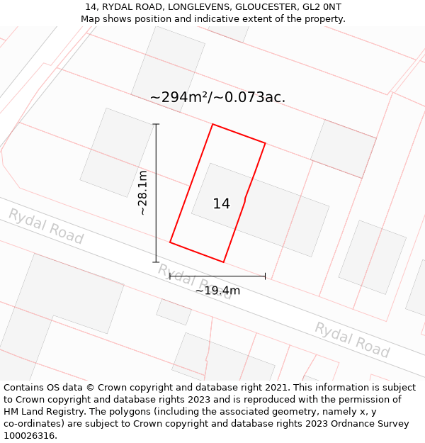 14, RYDAL ROAD, LONGLEVENS, GLOUCESTER, GL2 0NT: Plot and title map