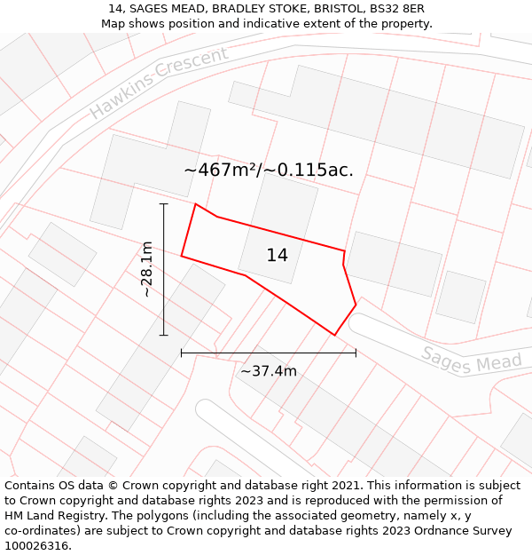 14, SAGES MEAD, BRADLEY STOKE, BRISTOL, BS32 8ER: Plot and title map