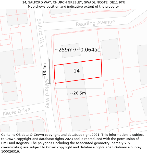 14, SALFORD WAY, CHURCH GRESLEY, SWADLINCOTE, DE11 9TR: Plot and title map