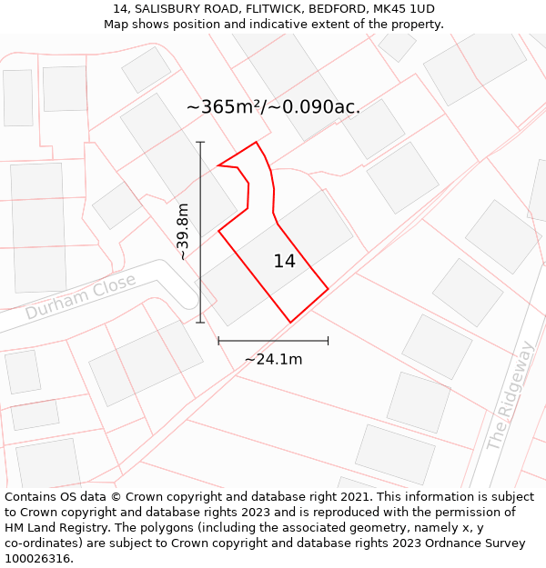 14, SALISBURY ROAD, FLITWICK, BEDFORD, MK45 1UD: Plot and title map