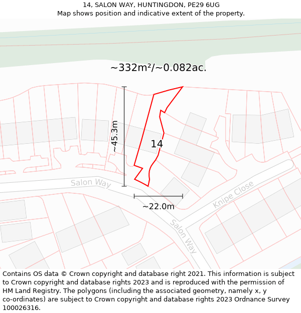 14, SALON WAY, HUNTINGDON, PE29 6UG: Plot and title map