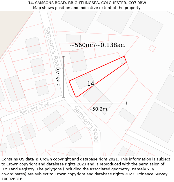 14, SAMSONS ROAD, BRIGHTLINGSEA, COLCHESTER, CO7 0RW: Plot and title map