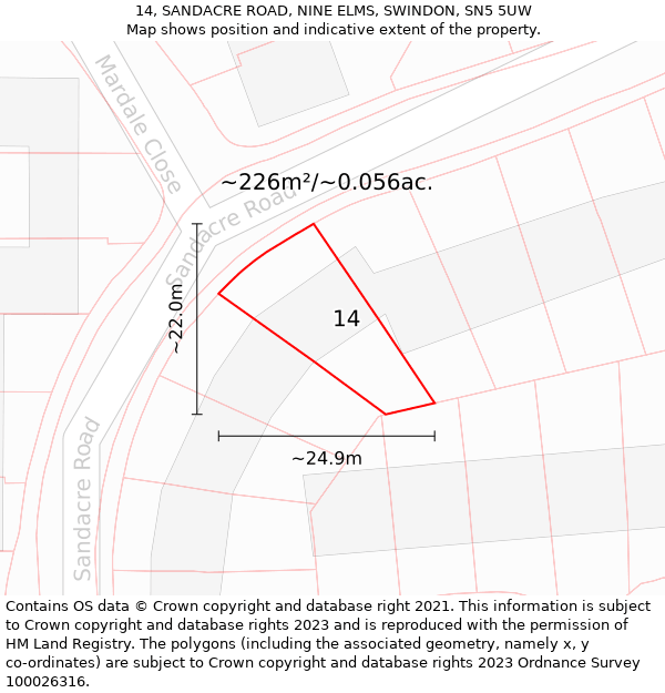 14, SANDACRE ROAD, NINE ELMS, SWINDON, SN5 5UW: Plot and title map