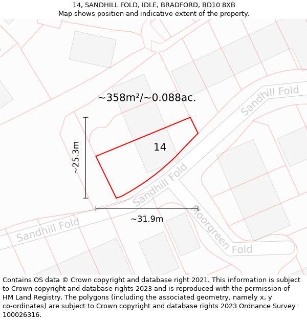 14, SANDHILL FOLD, IDLE, BRADFORD, BD10 8XB: Plot and title map