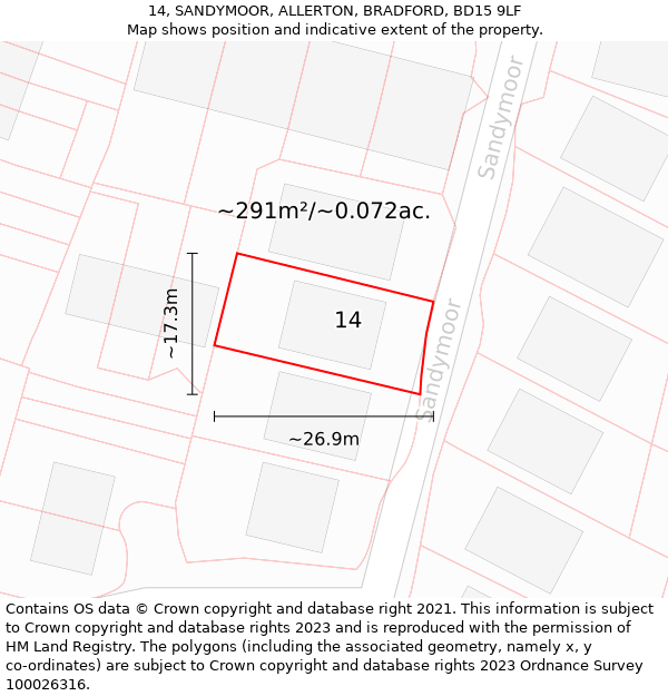 14, SANDYMOOR, ALLERTON, BRADFORD, BD15 9LF: Plot and title map