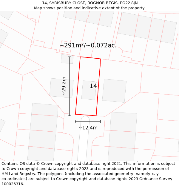 14, SARISBURY CLOSE, BOGNOR REGIS, PO22 8JN: Plot and title map