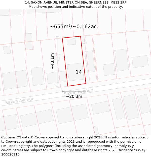 14, SAXON AVENUE, MINSTER ON SEA, SHEERNESS, ME12 2RP: Plot and title map