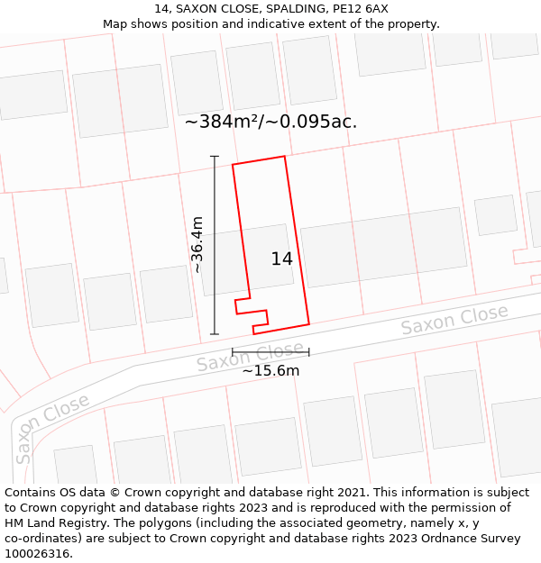 14, SAXON CLOSE, SPALDING, PE12 6AX: Plot and title map