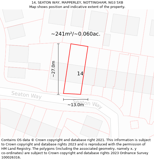 14, SEATON WAY, MAPPERLEY, NOTTINGHAM, NG3 5XB: Plot and title map