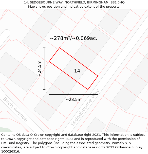 14, SEDGEBOURNE WAY, NORTHFIELD, BIRMINGHAM, B31 5HQ: Plot and title map