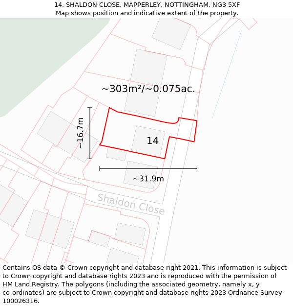 14, SHALDON CLOSE, MAPPERLEY, NOTTINGHAM, NG3 5XF: Plot and title map