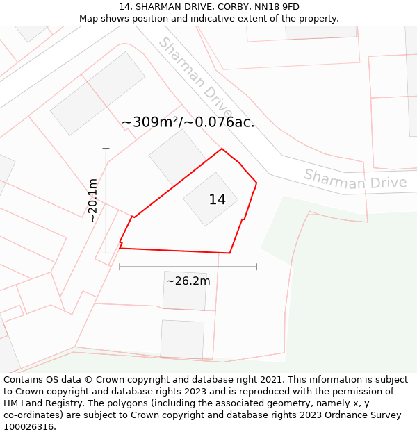 14, SHARMAN DRIVE, CORBY, NN18 9FD: Plot and title map