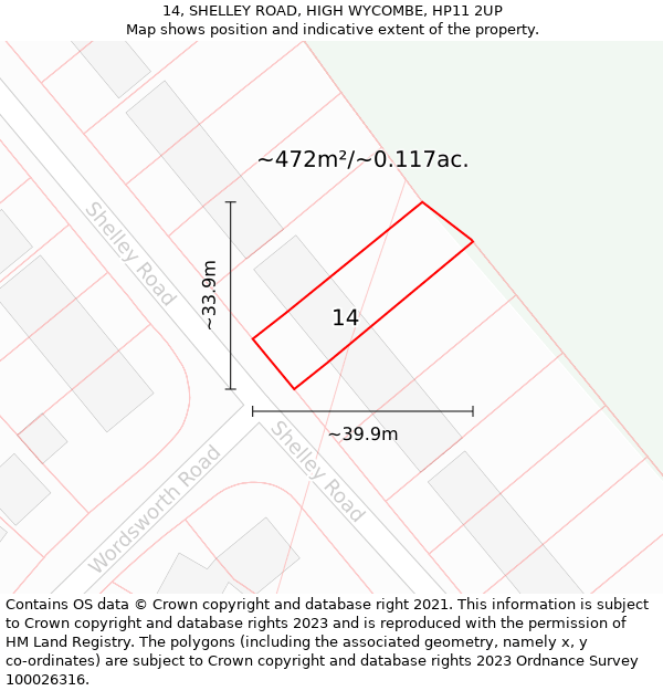 14, SHELLEY ROAD, HIGH WYCOMBE, HP11 2UP: Plot and title map