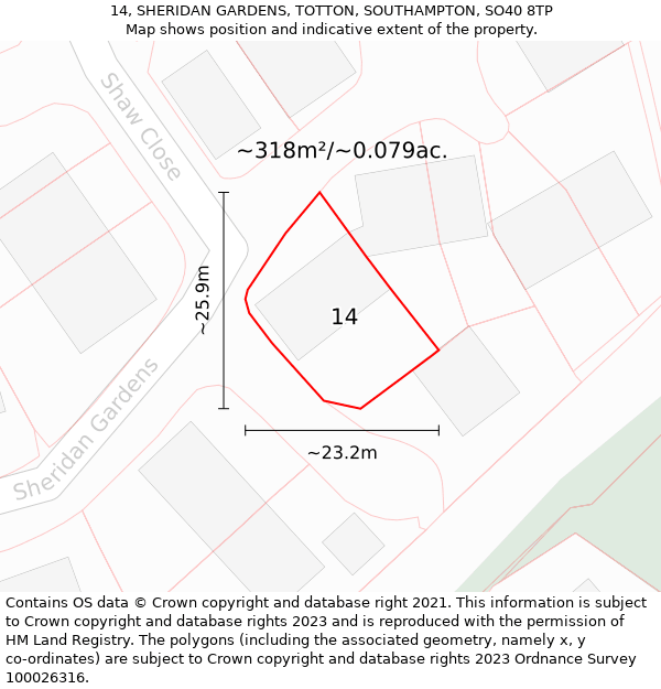 14, SHERIDAN GARDENS, TOTTON, SOUTHAMPTON, SO40 8TP: Plot and title map