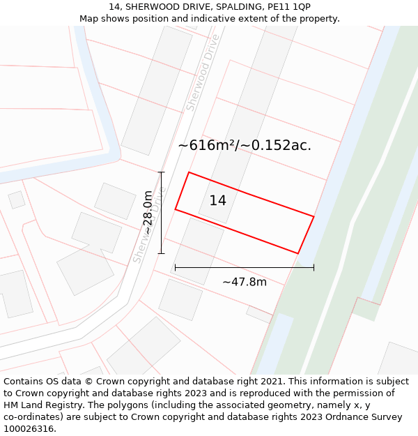 14, SHERWOOD DRIVE, SPALDING, PE11 1QP: Plot and title map