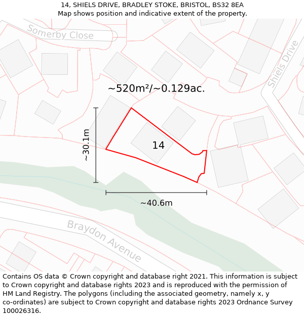 14, SHIELS DRIVE, BRADLEY STOKE, BRISTOL, BS32 8EA: Plot and title map