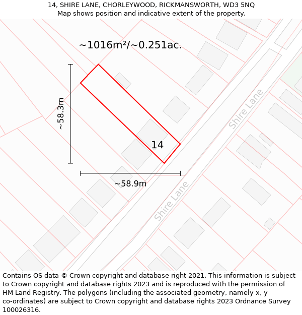 14, SHIRE LANE, CHORLEYWOOD, RICKMANSWORTH, WD3 5NQ: Plot and title map