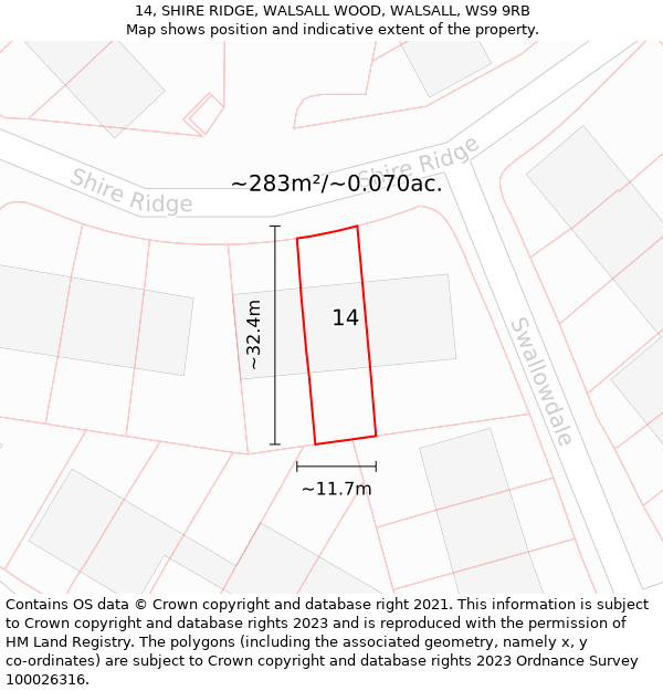 14, SHIRE RIDGE, WALSALL WOOD, WALSALL, WS9 9RB: Plot and title map