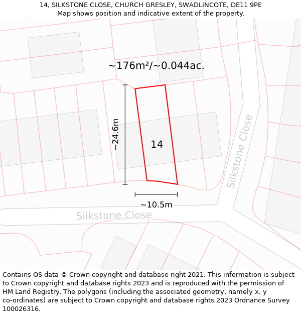 14, SILKSTONE CLOSE, CHURCH GRESLEY, SWADLINCOTE, DE11 9PE: Plot and title map