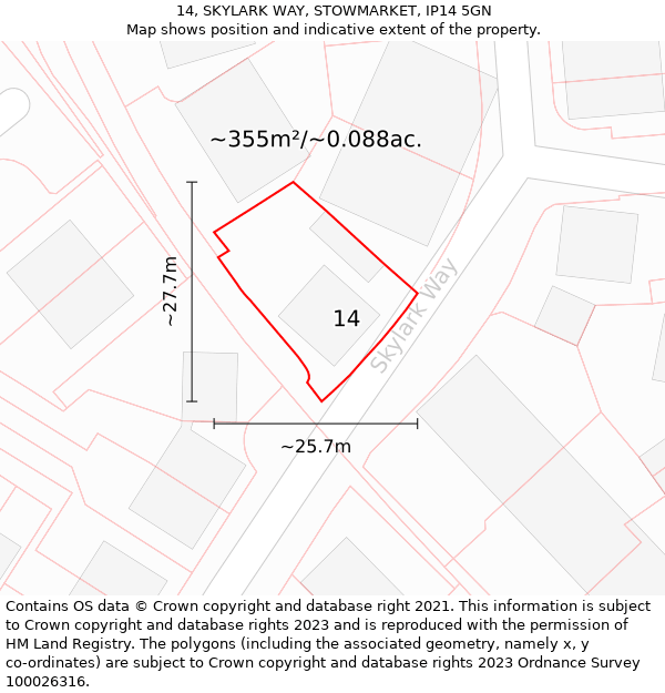 14, SKYLARK WAY, STOWMARKET, IP14 5GN: Plot and title map