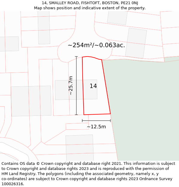 14, SMALLEY ROAD, FISHTOFT, BOSTON, PE21 0NJ: Plot and title map