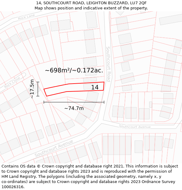 14, SOUTHCOURT ROAD, LEIGHTON BUZZARD, LU7 2QF: Plot and title map