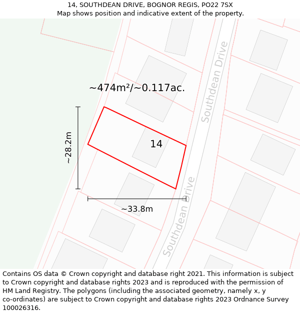 14, SOUTHDEAN DRIVE, BOGNOR REGIS, PO22 7SX: Plot and title map