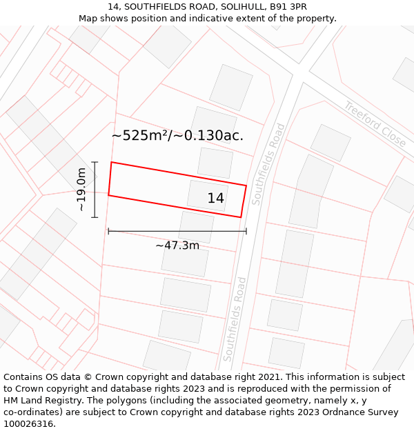 14, SOUTHFIELDS ROAD, SOLIHULL, B91 3PR: Plot and title map