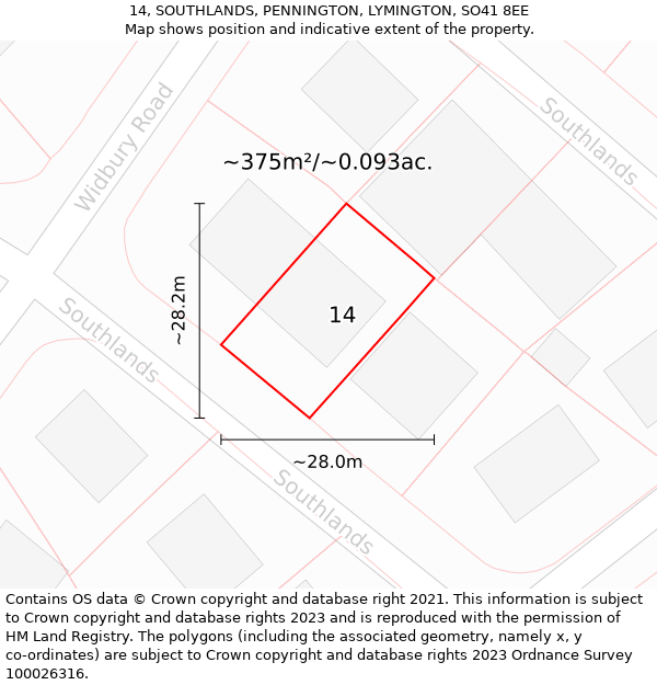 14, SOUTHLANDS, PENNINGTON, LYMINGTON, SO41 8EE: Plot and title map