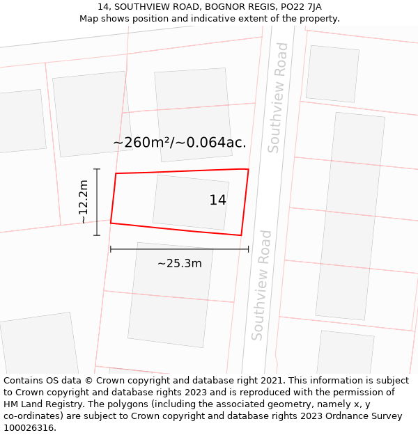 14, SOUTHVIEW ROAD, BOGNOR REGIS, PO22 7JA: Plot and title map