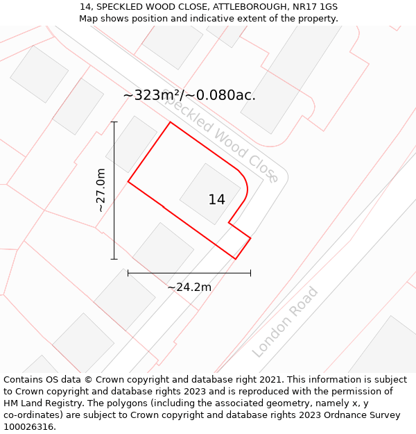 14, SPECKLED WOOD CLOSE, ATTLEBOROUGH, NR17 1GS: Plot and title map