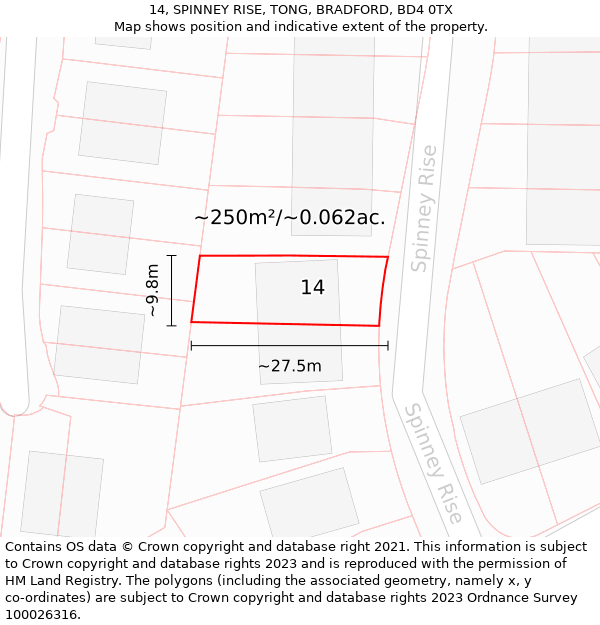 14, SPINNEY RISE, TONG, BRADFORD, BD4 0TX: Plot and title map