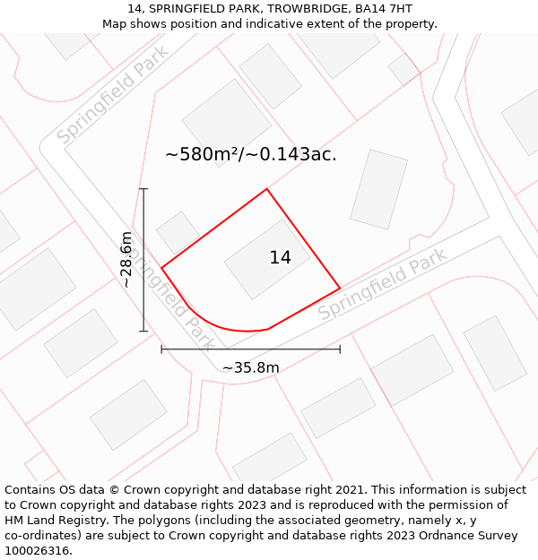 14, SPRINGFIELD PARK, TROWBRIDGE, BA14 7HT: Plot and title map