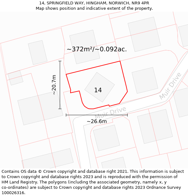 14, SPRINGFIELD WAY, HINGHAM, NORWICH, NR9 4PR: Plot and title map