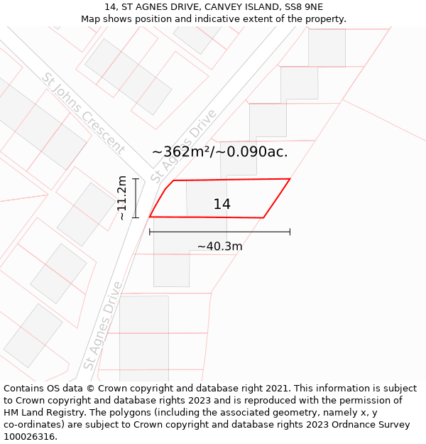 14, ST AGNES DRIVE, CANVEY ISLAND, SS8 9NE: Plot and title map