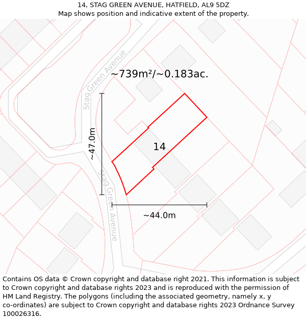 14, STAG GREEN AVENUE, HATFIELD, AL9 5DZ: Plot and title map