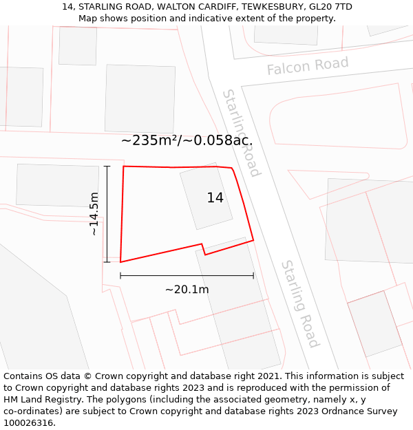 14, STARLING ROAD, WALTON CARDIFF, TEWKESBURY, GL20 7TD: Plot and title map